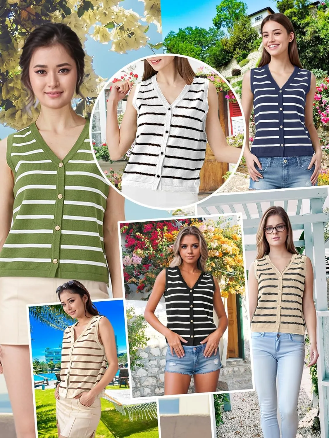 Cardigan Vests For Women Striped Spring Sweater Vest Cropped Trendy Sleeveless V Neck Tank Tops Casual Summer Outfits
