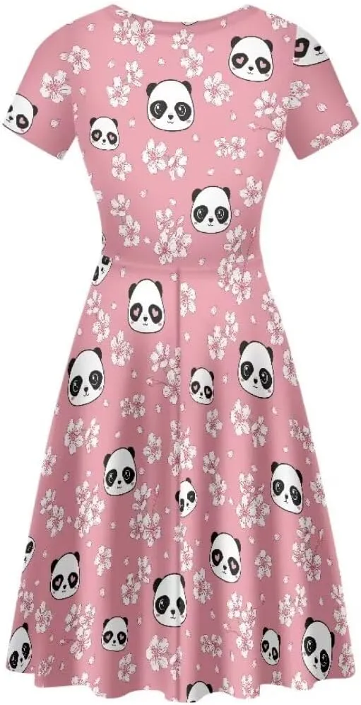 Casual Midi Dresses for Women Short Sleeve Summer Hawaiian Flowy Swing Knee Length Dress
