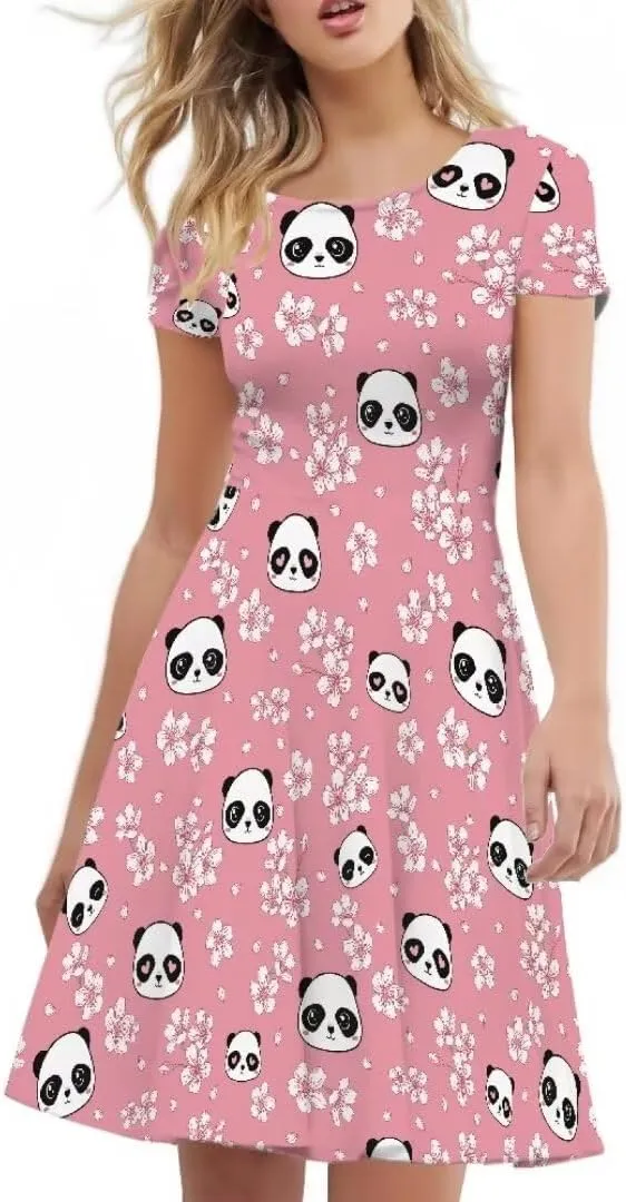 Casual Midi Dresses for Women Short Sleeve Summer Hawaiian Flowy Swing Knee Length Dress