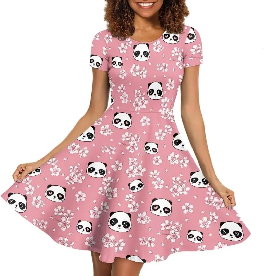 Casual Midi Dresses for Women Short Sleeve Summer Hawaiian Flowy Swing Knee Length Dress