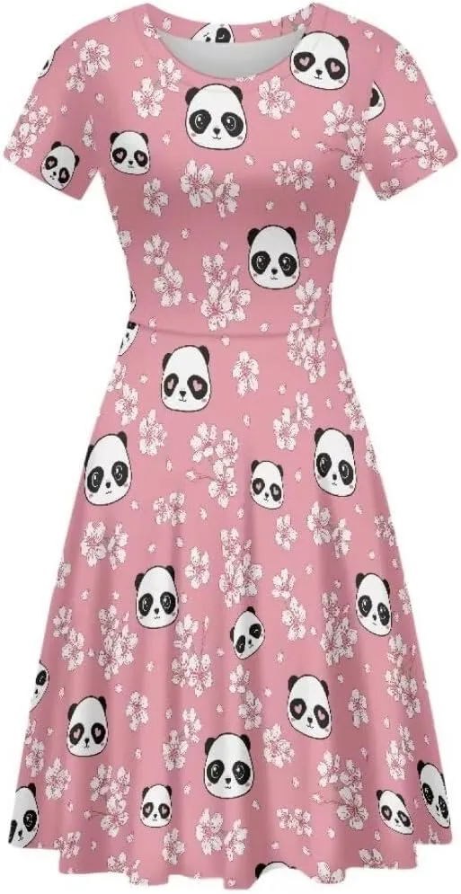 Casual Midi Dresses for Women Short Sleeve Summer Hawaiian Flowy Swing Knee Length Dress
