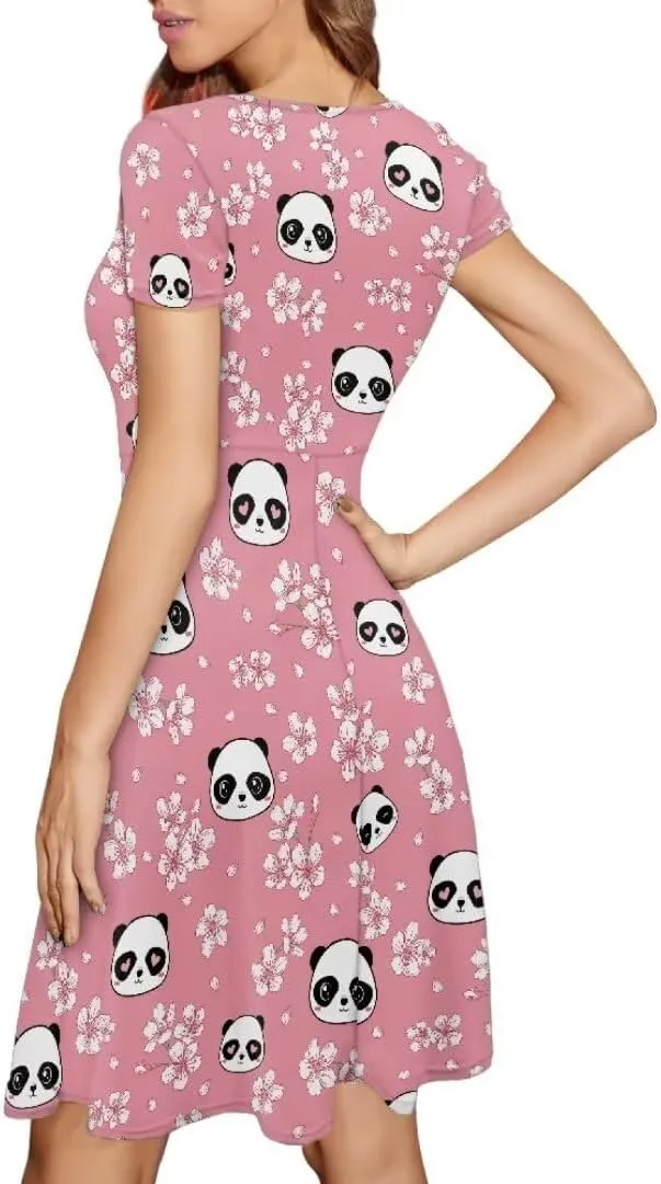 Casual Midi Dresses for Women Short Sleeve Summer Hawaiian Flowy Swing Knee Length Dress