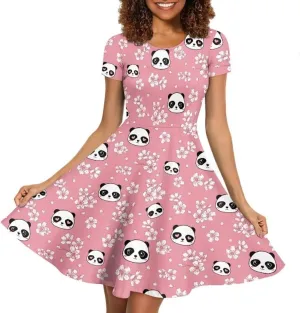 Casual Midi Dresses for Women Short Sleeve Summer Hawaiian Flowy Swing Knee Length Dress