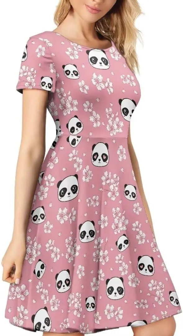 Casual Midi Dresses for Women Short Sleeve Summer Hawaiian Flowy Swing Knee Length Dress
