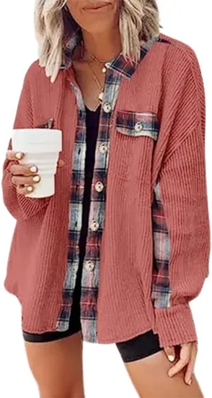 Ceboyel Women Plaid Oversized Jacket Waffle Knit Shacket Tops Button Down Long Sleeve Shirt Casual Trendy Clothes 2023