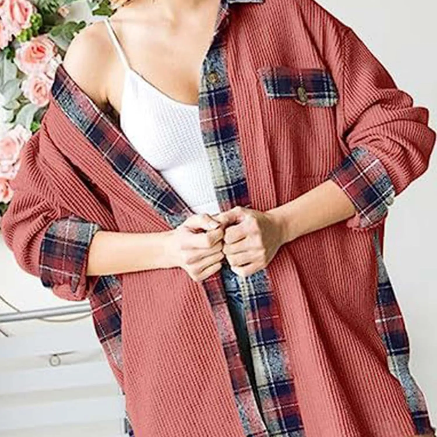 Ceboyel Women Plaid Oversized Jacket Waffle Knit Shacket Tops Button Down Long Sleeve Shirt Casual Trendy Clothes 2023