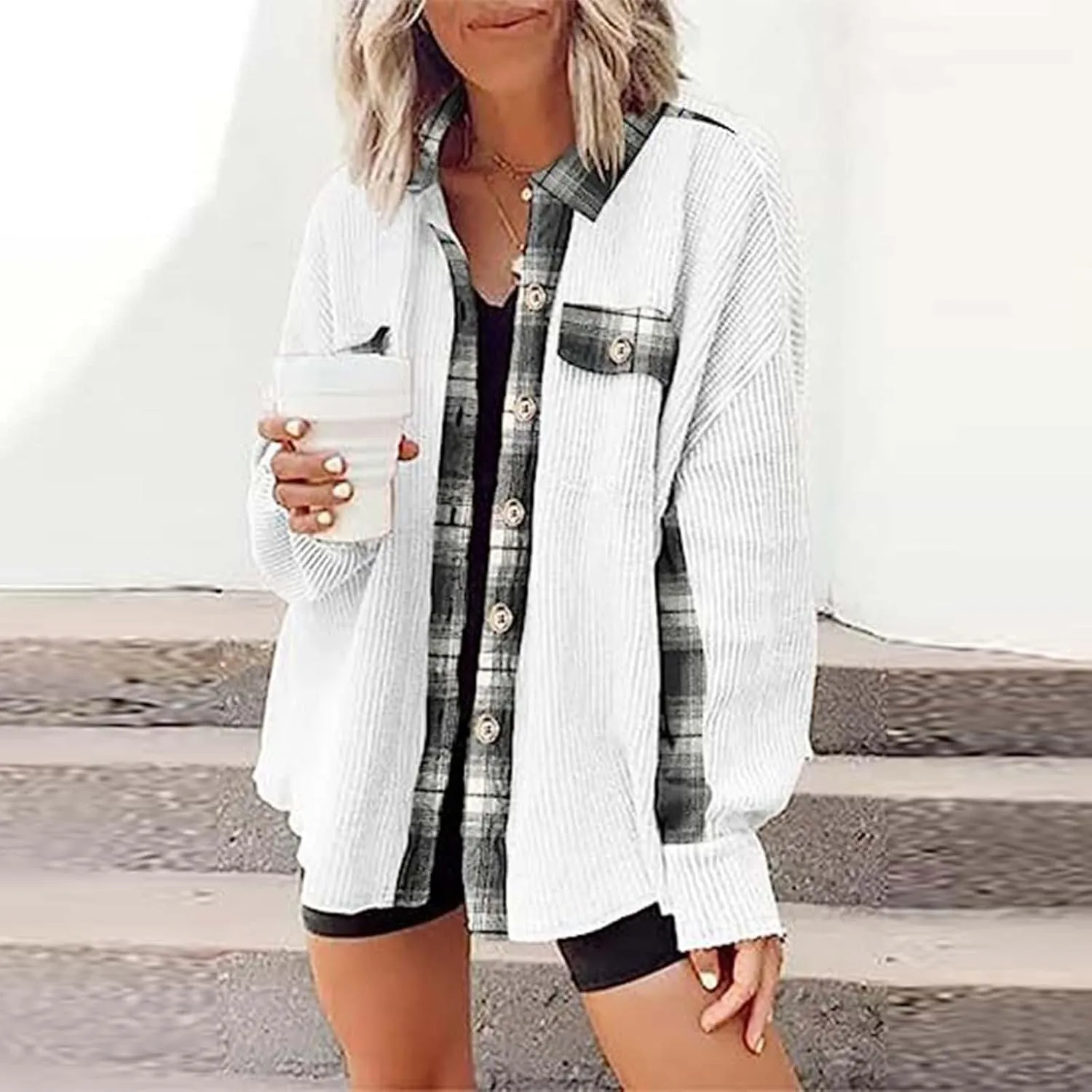 Ceboyel Women Plaid Oversized Jacket Waffle Knit Shacket Tops Button Down Long Sleeve Shirt Casual Trendy Clothes 2023