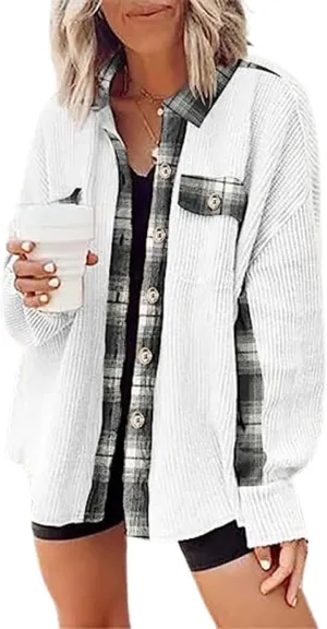 Ceboyel Women Plaid Oversized Jacket Waffle Knit Shacket Tops Button Down Long Sleeve Shirt Casual Trendy Clothes 2023