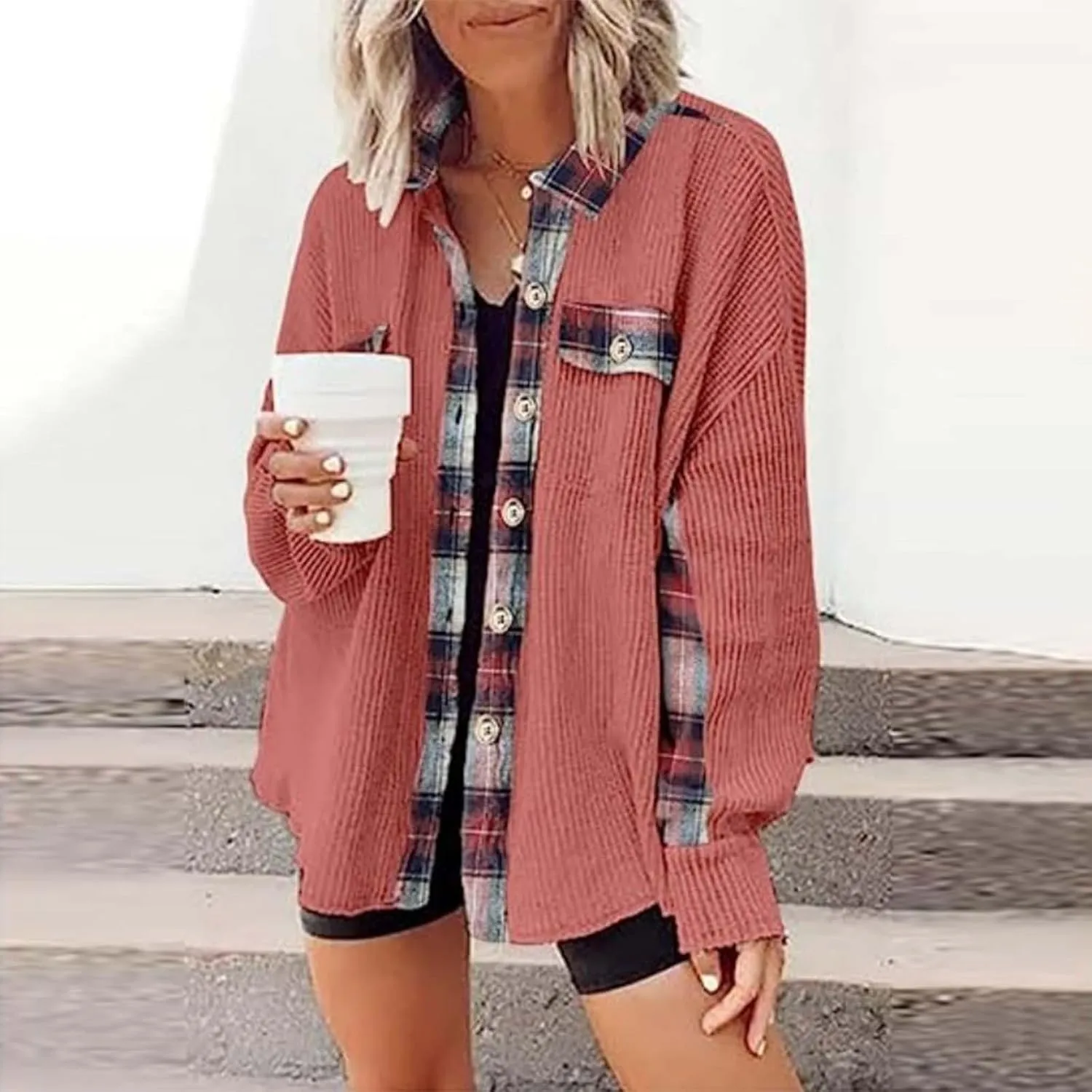 Ceboyel Women Plaid Oversized Jacket Waffle Knit Shacket Tops Button Down Long Sleeve Shirt Casual Trendy Clothes 2023