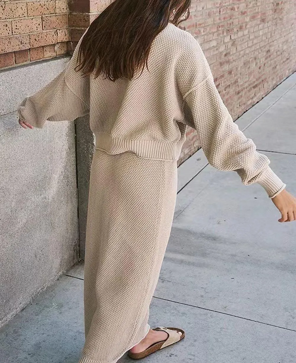 CHARTOU Women 2 Pieces Outfits Fall Winter Sweater Skirt Sets Oversized Tops Matching Knit Maxi Skirt