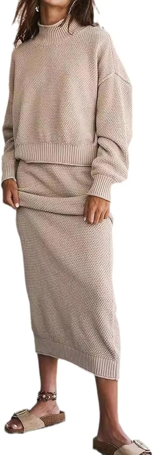 CHARTOU Women 2 Pieces Outfits Fall Winter Sweater Skirt Sets Oversized Tops Matching Knit Maxi Skirt