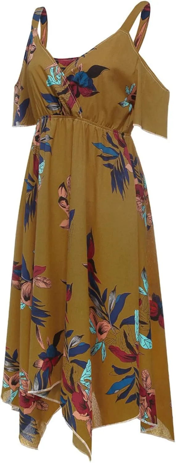 Chiffon for Women Spaghetti Strap Short Sleeve Cold Shoulder Floral Midi Beach Hawaiian Dresses Women 2024