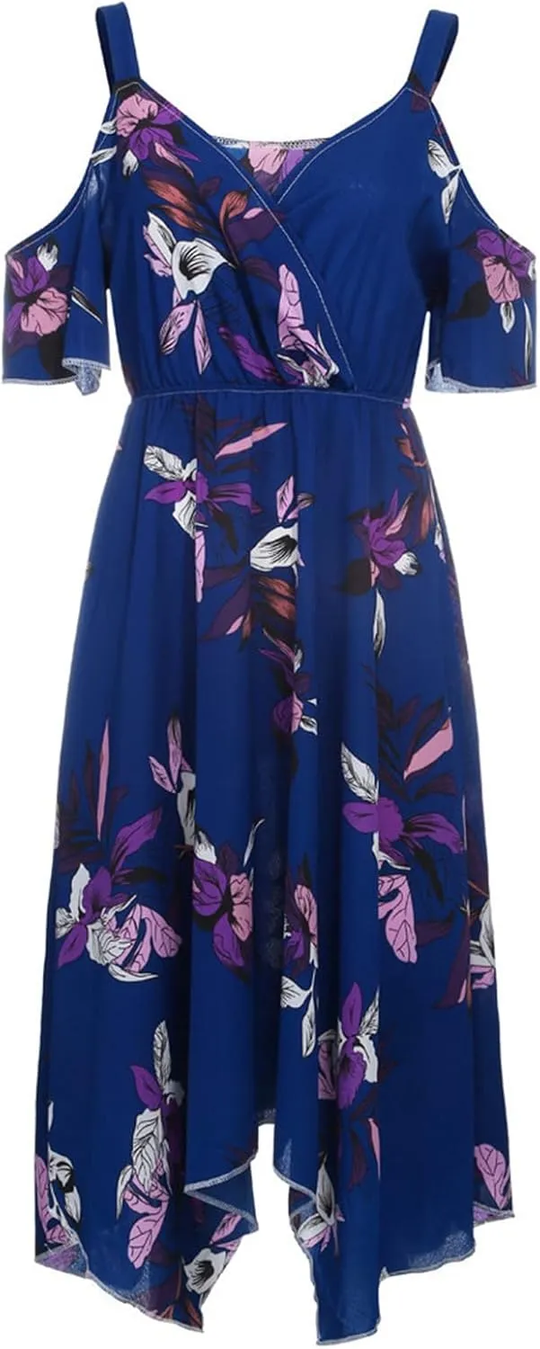 Chiffon for Women Spaghetti Strap Short Sleeve Cold Shoulder Floral Midi Beach Hawaiian Dresses Women 2024