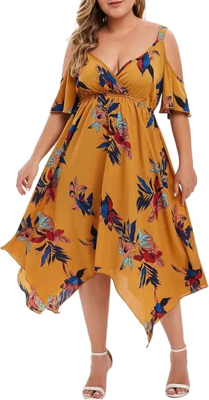 Chiffon for Women Spaghetti Strap Short Sleeve Cold Shoulder Floral Midi Beach Hawaiian Dresses Women 2024
