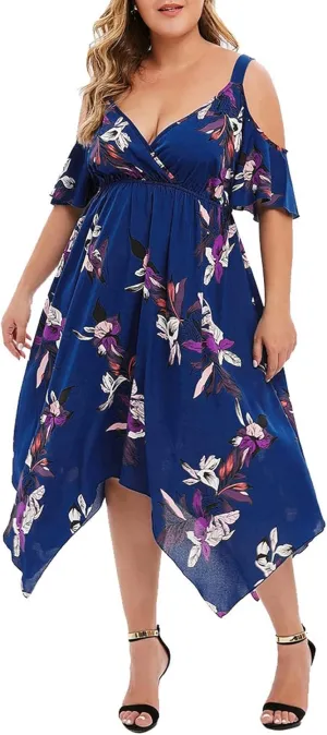 Chiffon for Women Spaghetti Strap Short Sleeve Cold Shoulder Floral Midi Beach Hawaiian Dresses Women 2024