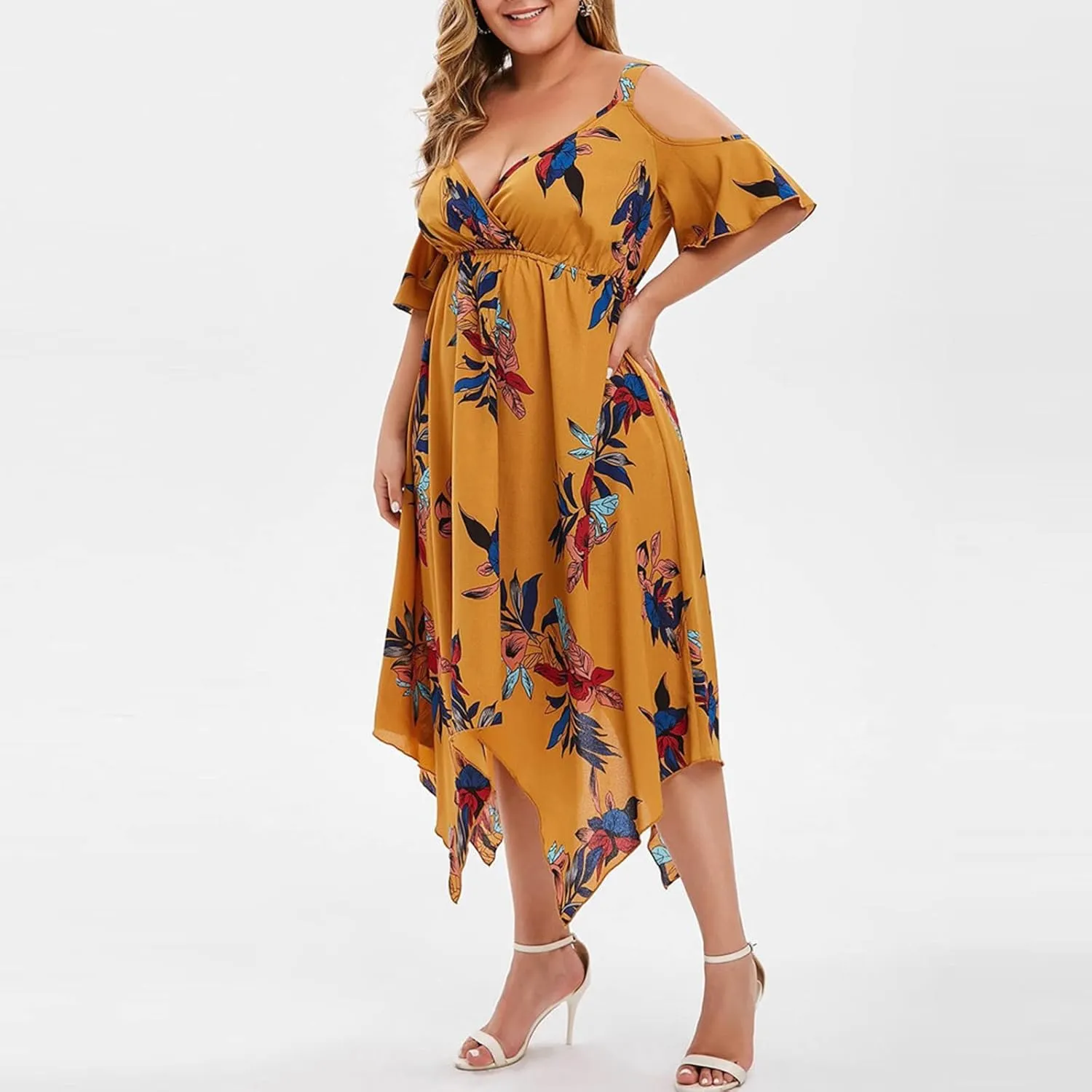 Chiffon for Women Spaghetti Strap Short Sleeve Cold Shoulder Floral Midi Beach Hawaiian Dresses Women 2024