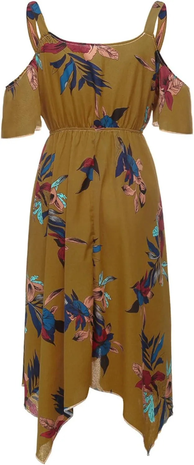 Chiffon for Women Spaghetti Strap Short Sleeve Cold Shoulder Floral Midi Beach Hawaiian Dresses Women 2024