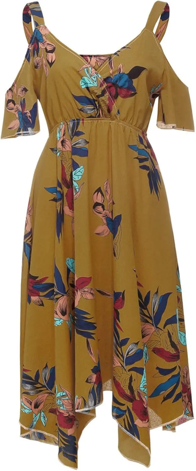 Chiffon for Women Spaghetti Strap Short Sleeve Cold Shoulder Floral Midi Beach Hawaiian Dresses Women 2024