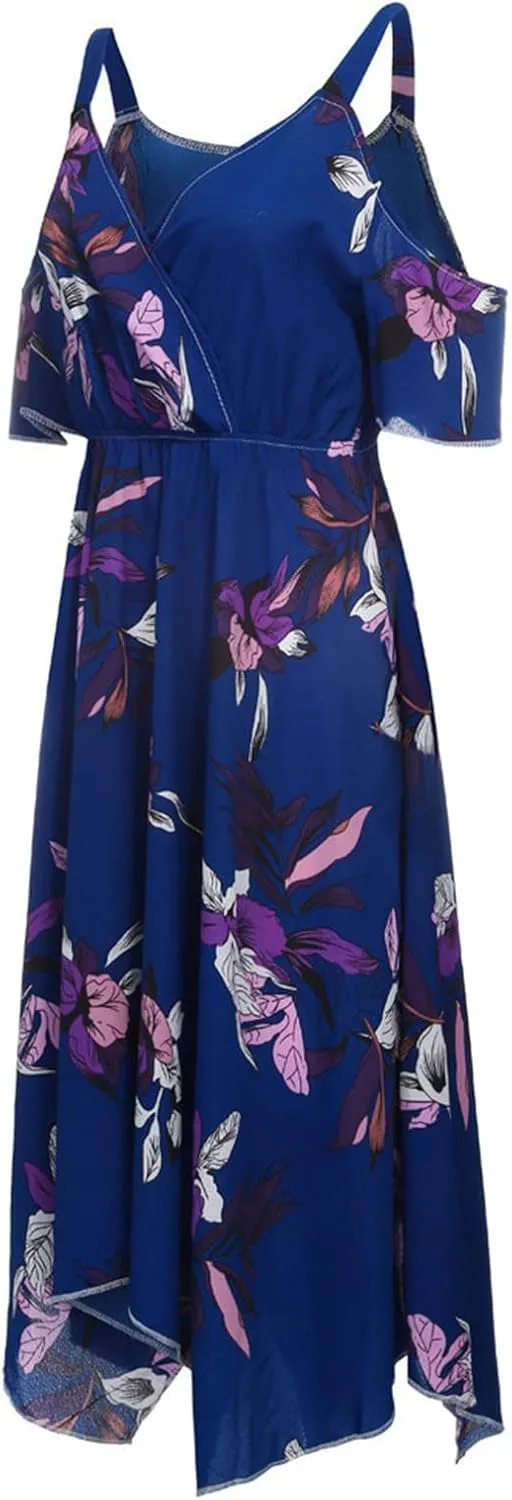 Chiffon for Women Spaghetti Strap Short Sleeve Cold Shoulder Floral Midi Beach Hawaiian Dresses Women 2024