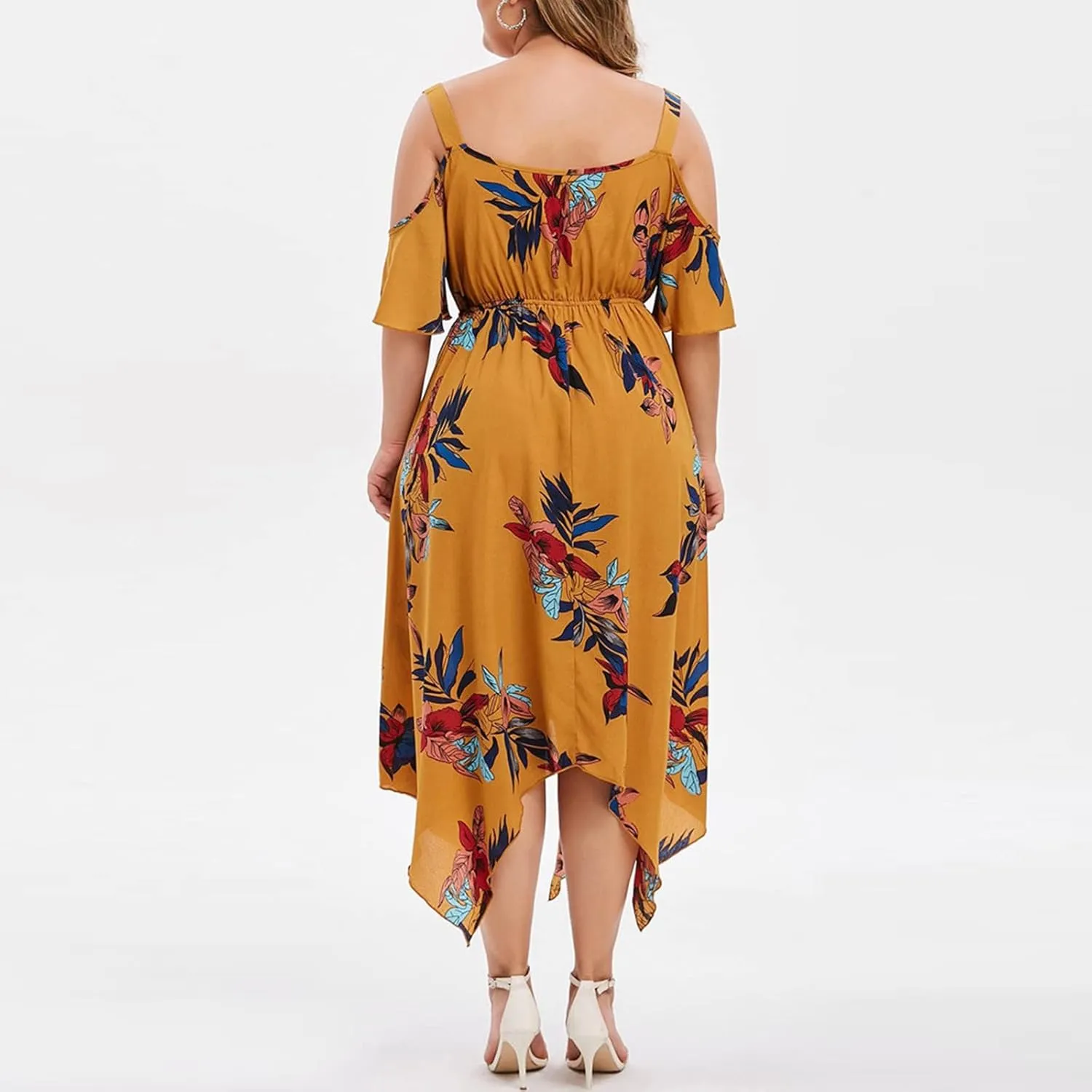 Chiffon for Women Spaghetti Strap Short Sleeve Cold Shoulder Floral Midi Beach Hawaiian Dresses Women 2024