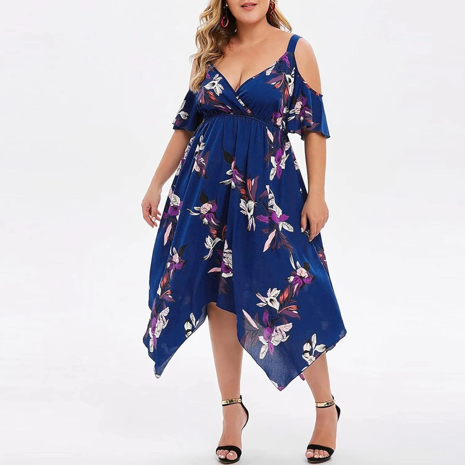 Chiffon for Women Spaghetti Strap Short Sleeve Cold Shoulder Floral Midi Beach Hawaiian Dresses Women 2024