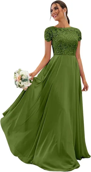 Chiffon Lace Bridesmaid Dresses for Women Long Ruffle Elegant Formal Evening Gown with Pockets