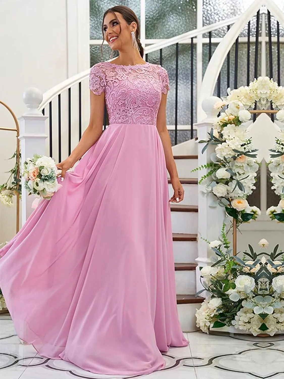 Chiffon Lace Bridesmaid Dresses for Women Long Ruffle Elegant Formal Evening Gown with Pockets