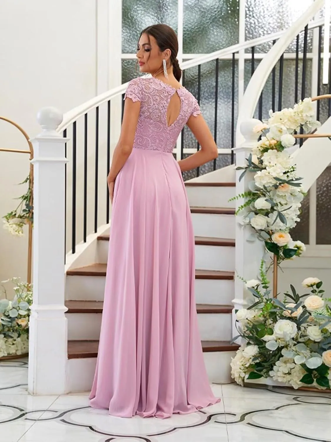 Chiffon Lace Bridesmaid Dresses for Women Long Ruffle Elegant Formal Evening Gown with Pockets