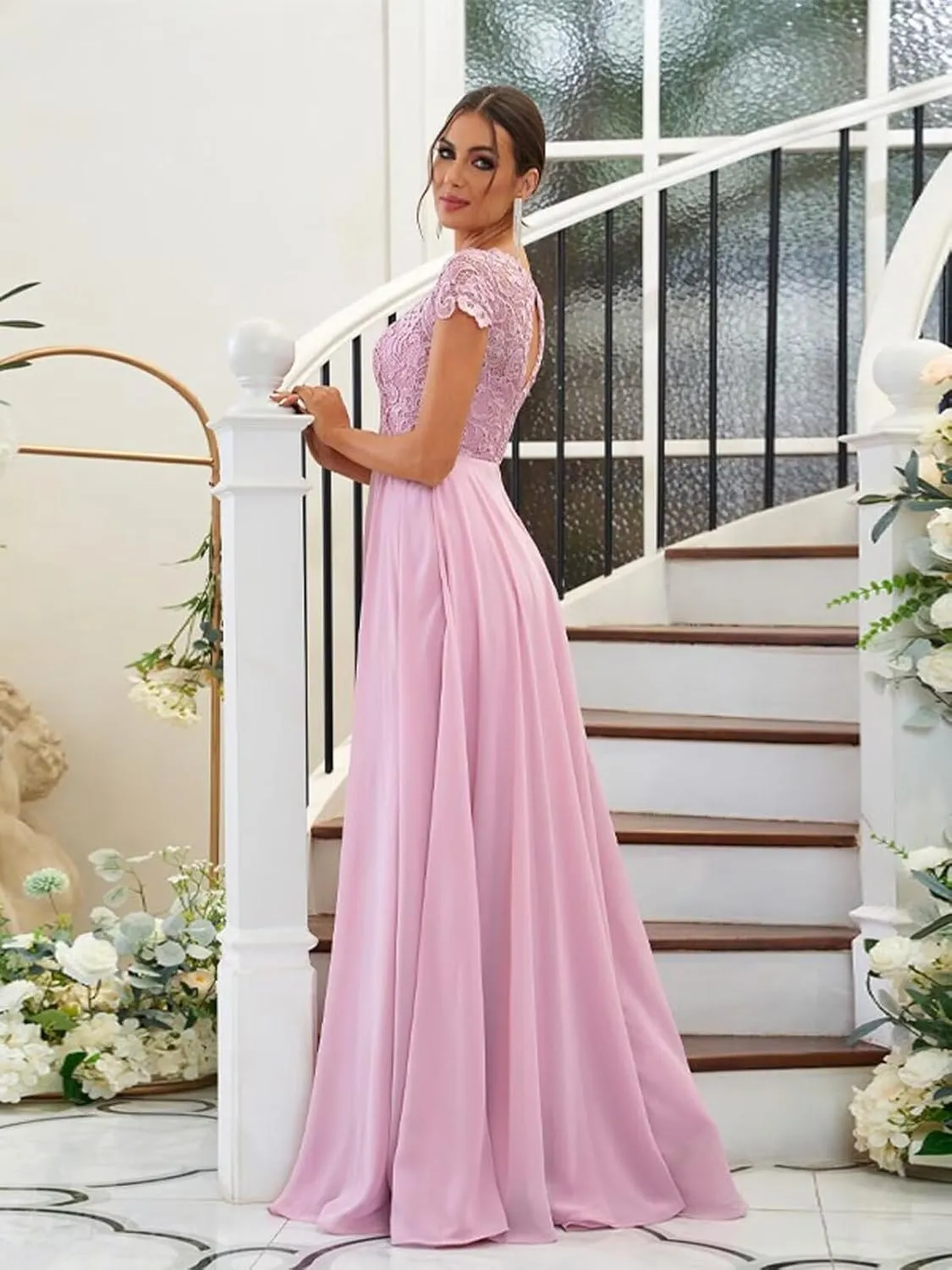 Chiffon Lace Bridesmaid Dresses for Women Long Ruffle Elegant Formal Evening Gown with Pockets