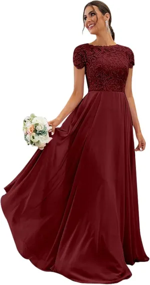 Chiffon Lace Bridesmaid Dresses for Women Long Ruffle Elegant Formal Evening Gown with Pockets
