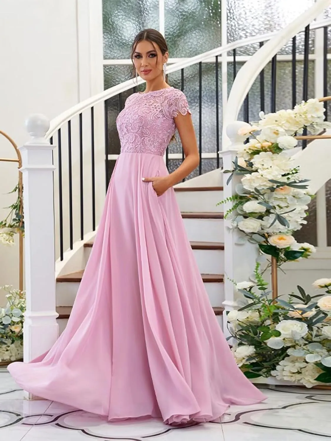 Chiffon Lace Bridesmaid Dresses for Women Long Ruffle Elegant Formal Evening Gown with Pockets