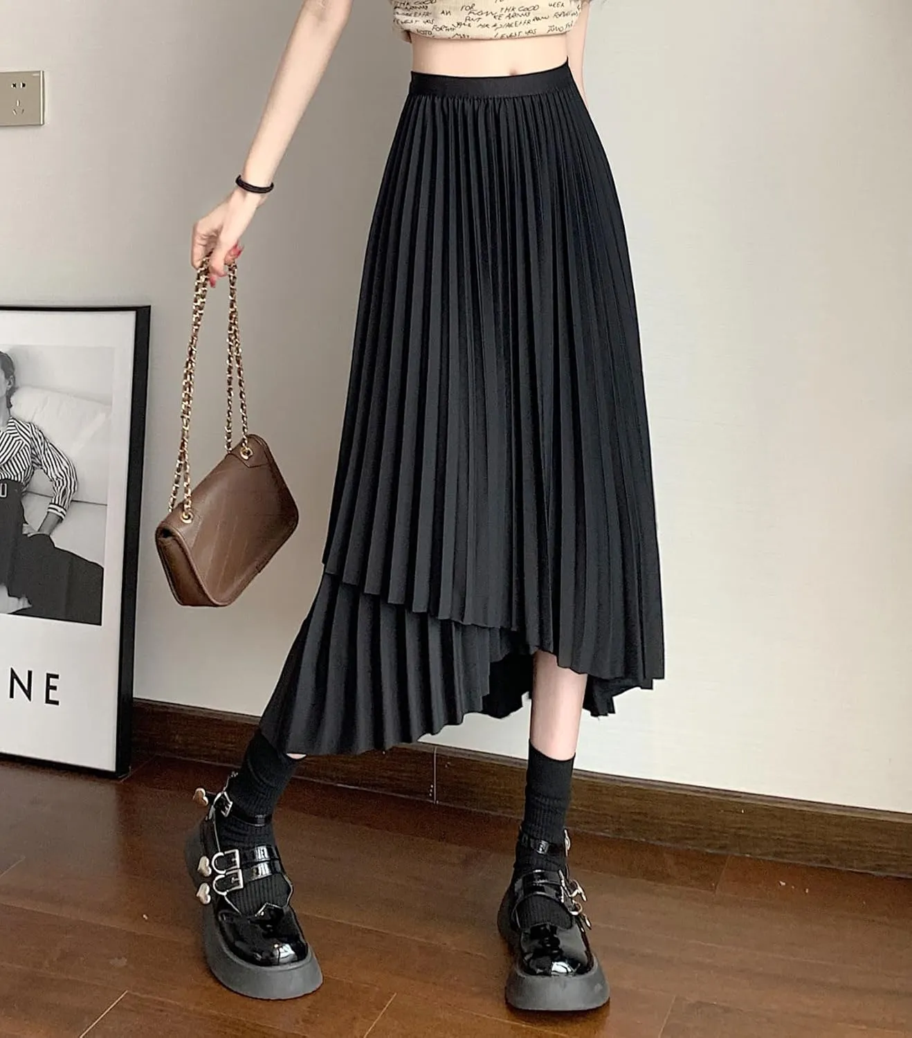 chouyatou Women's Asymmetrical Tulip Hem Party Dress Irregular Flowy Swing Accordion Pleated Midi Long Skirt