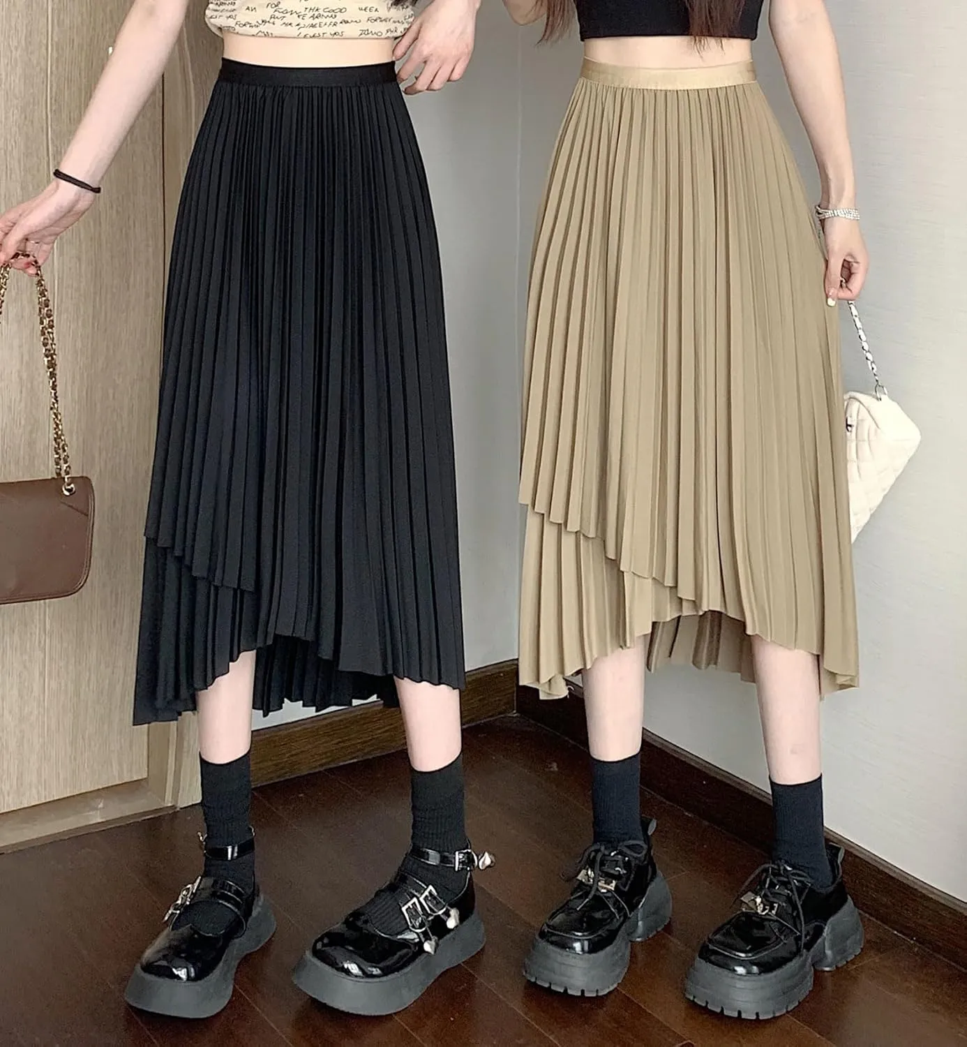 chouyatou Women's Asymmetrical Tulip Hem Party Dress Irregular Flowy Swing Accordion Pleated Midi Long Skirt