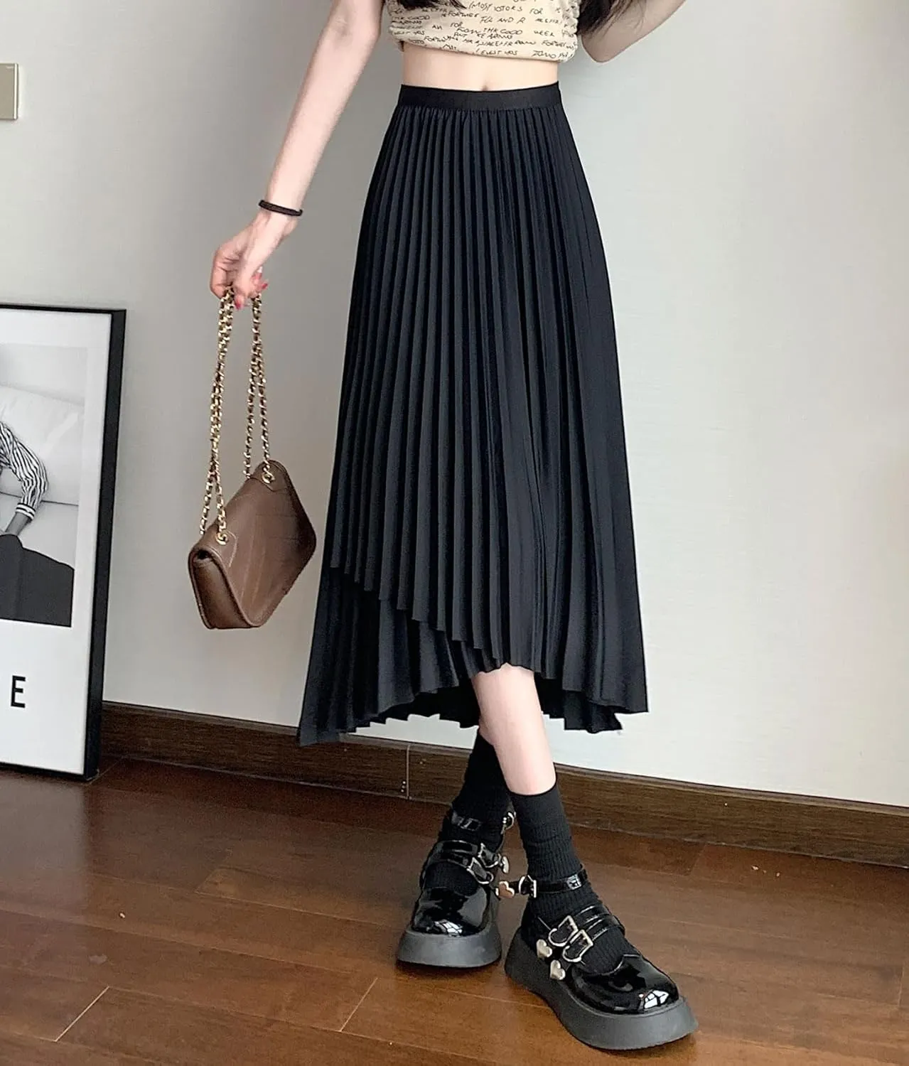 chouyatou Women's Asymmetrical Tulip Hem Party Dress Irregular Flowy Swing Accordion Pleated Midi Long Skirt