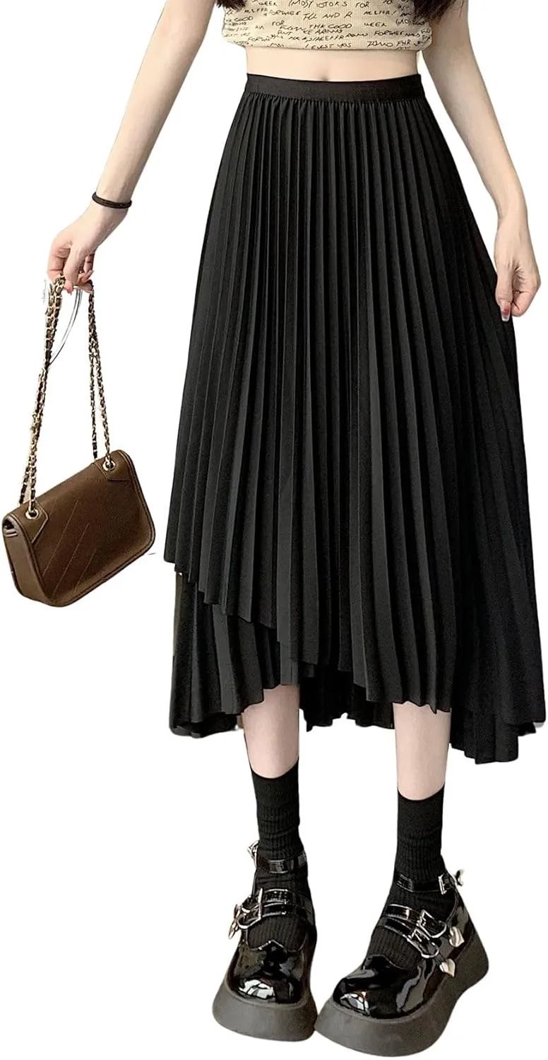 chouyatou Women's Asymmetrical Tulip Hem Party Dress Irregular Flowy Swing Accordion Pleated Midi Long Skirt