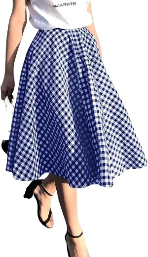 chouyatou Women's Casual Plaid A Line Midi Skirt High Waisted Gingham Skirt Cute Pleated Skater Skirt