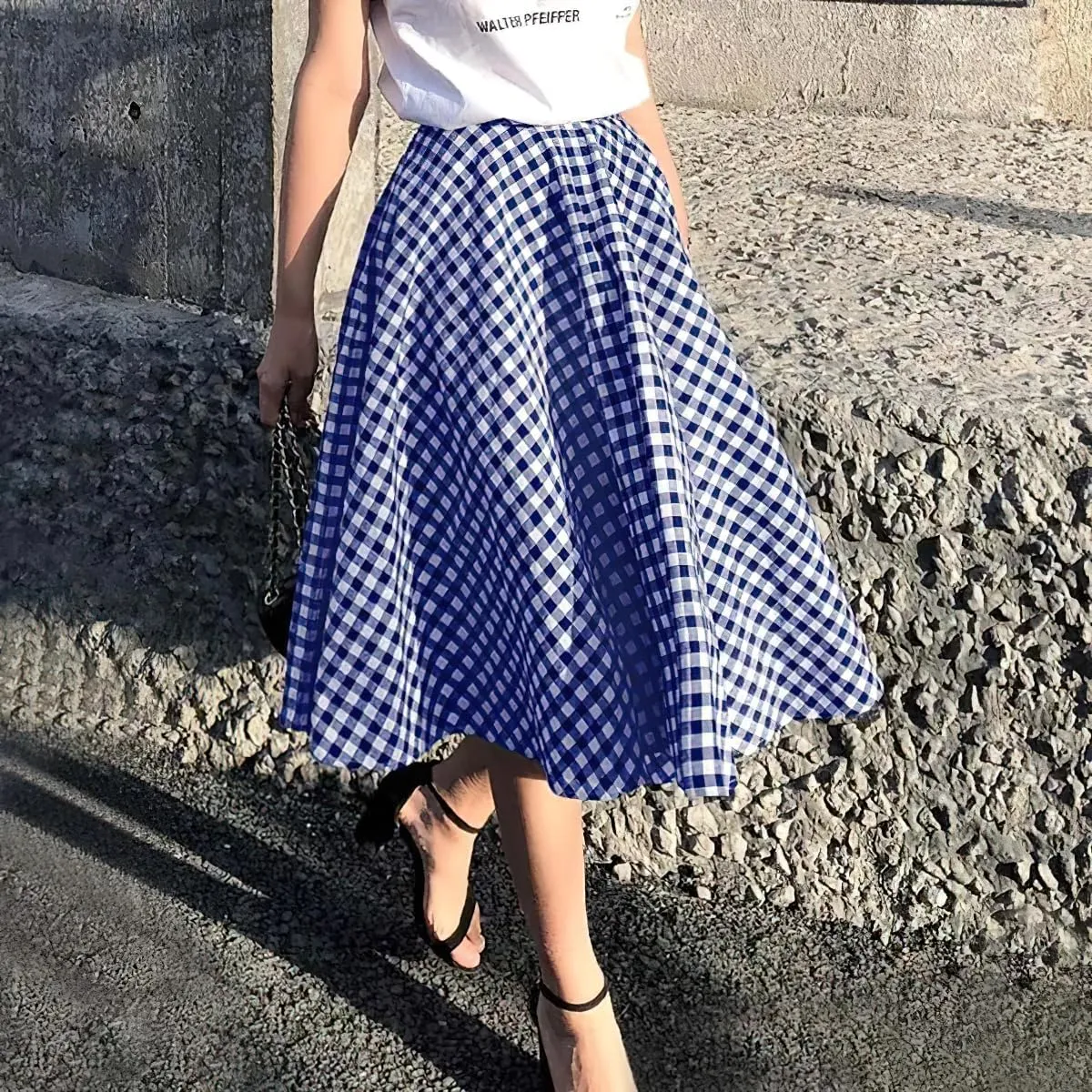chouyatou Women's Casual Plaid A Line Midi Skirt High Waisted Gingham Skirt Cute Pleated Skater Skirt