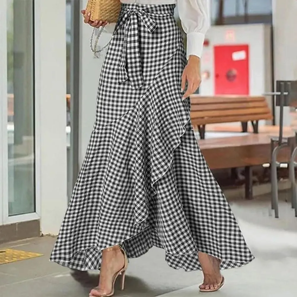 chouyatou Women's Casual Plaid Mermaid Maxi Skirt A Line Irregular Ruffle Hem Fishtail Long Skirt