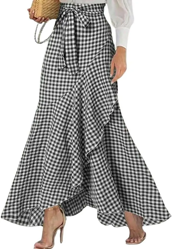 chouyatou Women's Casual Plaid Mermaid Maxi Skirt A Line Irregular Ruffle Hem Fishtail Long Skirt