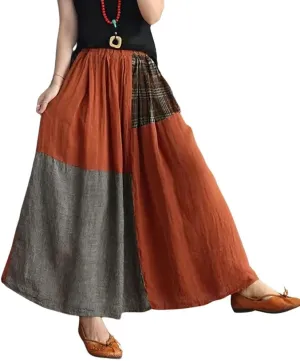 chouyatou Women's Color Block Plaid Patchwork Skirt Elastic Waist Pleated Cotton Linen Long Skirt with Pockets