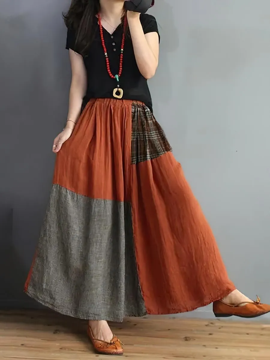 chouyatou Women's Color Block Plaid Patchwork Skirt Elastic Waist Pleated Cotton Linen Long Skirt with Pockets