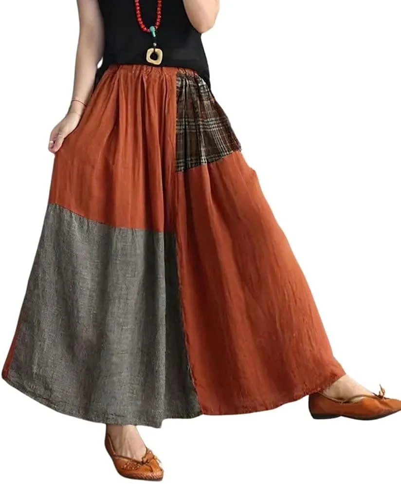 chouyatou Women's Color Block Plaid Patchwork Skirt Elastic Waist Pleated Cotton Linen Long Skirt with Pockets
