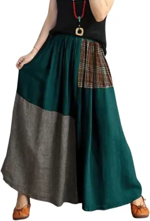 chouyatou Women's Color Block Plaid Patchwork Skirt Elastic Waist Pleated Cotton Linen Long Skirt with Pockets
