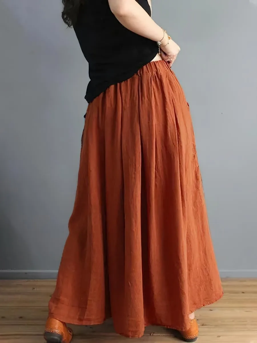 chouyatou Women's Color Block Plaid Patchwork Skirt Elastic Waist Pleated Cotton Linen Long Skirt with Pockets