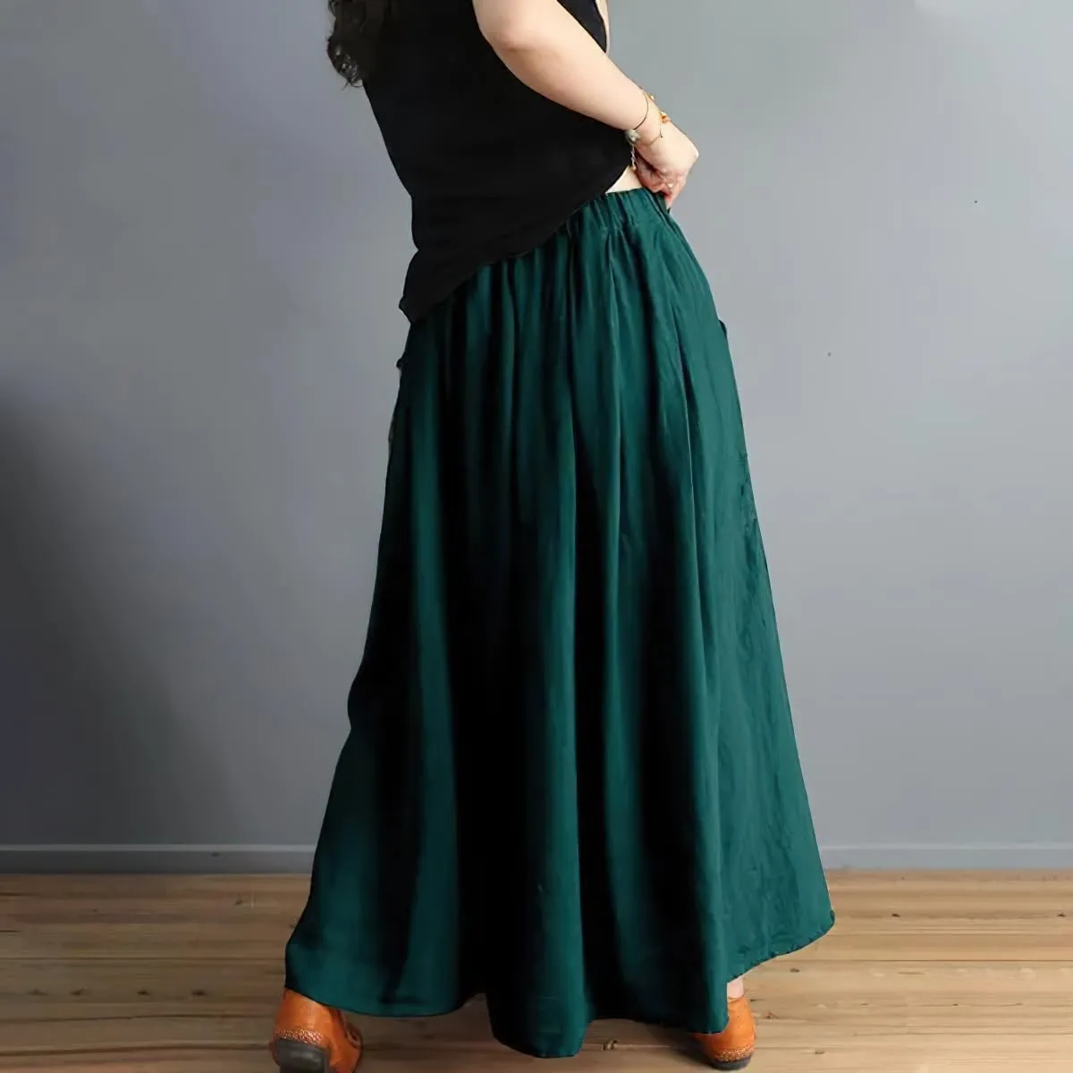 chouyatou Women's Color Block Plaid Patchwork Skirt Elastic Waist Pleated Cotton Linen Long Skirt with Pockets