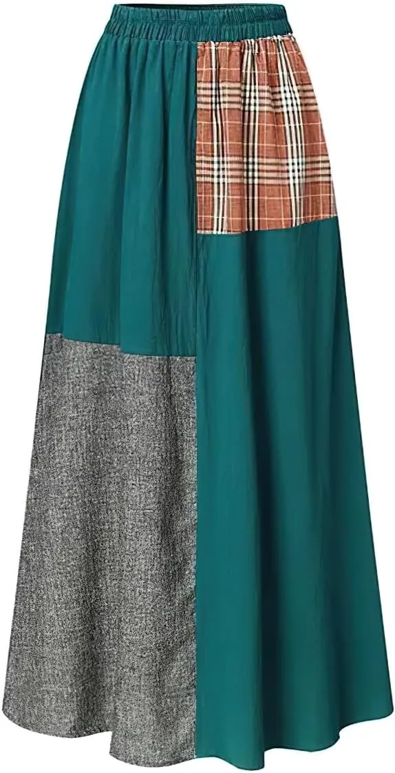 chouyatou Women's Color Block Plaid Patchwork Skirt Elastic Waist Pleated Cotton Linen Long Skirt with Pockets