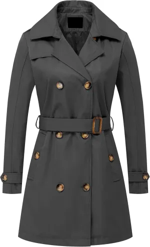 Chrisuno Women's Double Breasted Trench Coats Mid-Length Belted Overcoat Long Dress Jacket with Detachable Hood