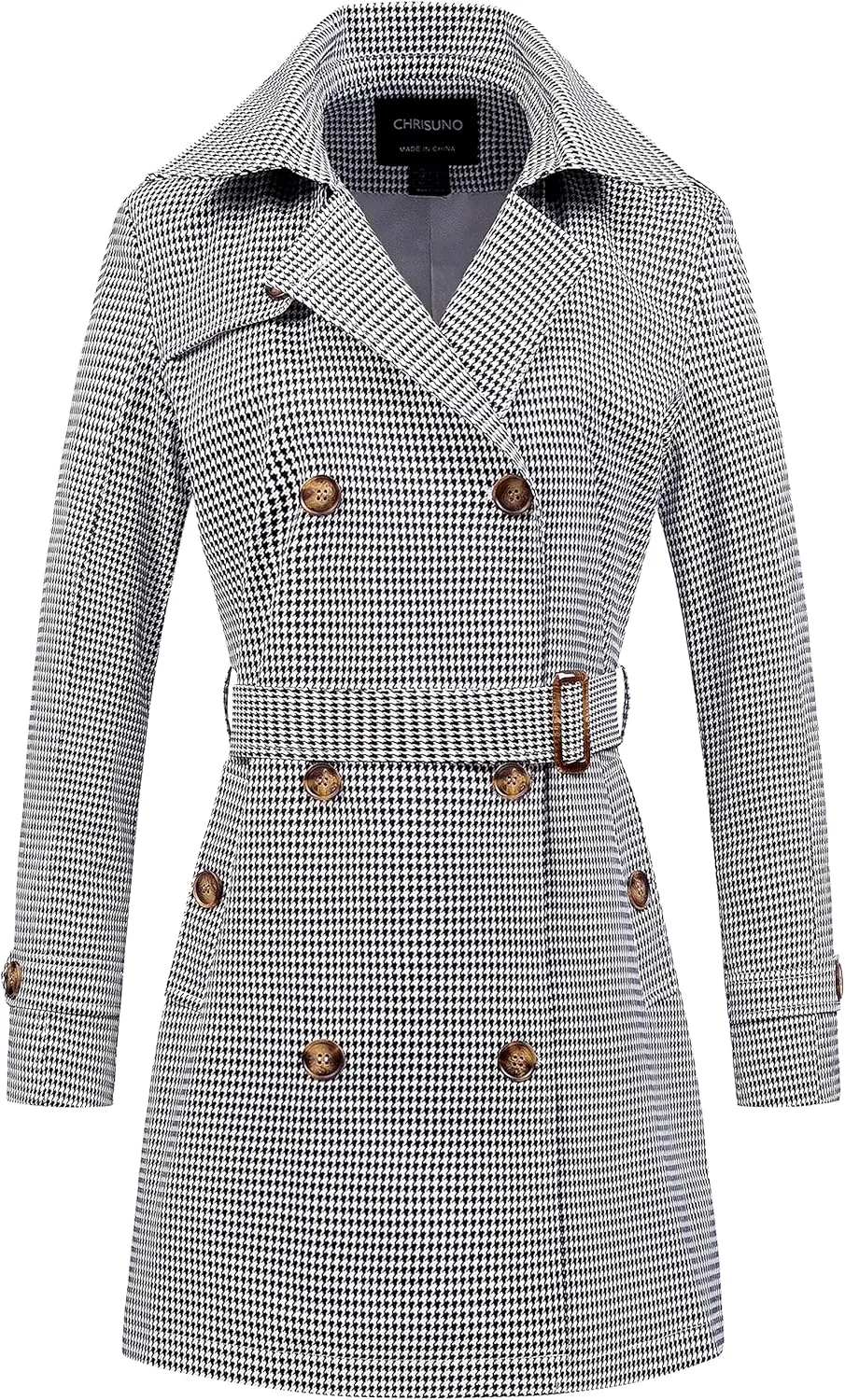 Chrisuno Women's Double Breasted Trench Coats Mid-Length Belted Overcoat Long Dress Jacket with Detachable Hood
