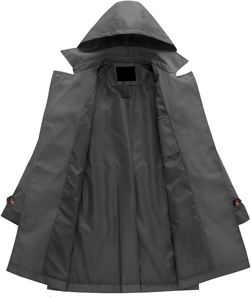 Chrisuno Women's Double Breasted Trench Coats Mid-Length Belted Overcoat Long Dress Jacket with Detachable Hood