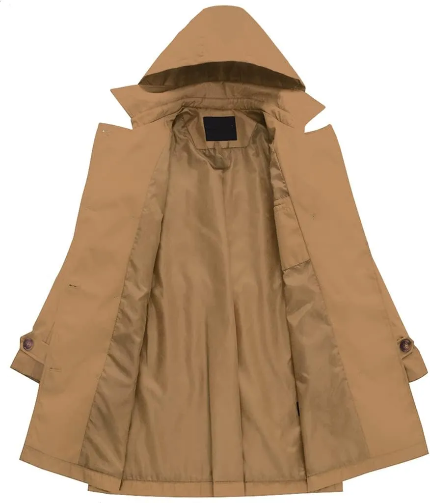 Chrisuno Women's Double Breasted Trench Coats Mid-Length Belted Overcoat Long Dress Jacket with Detachable Hood